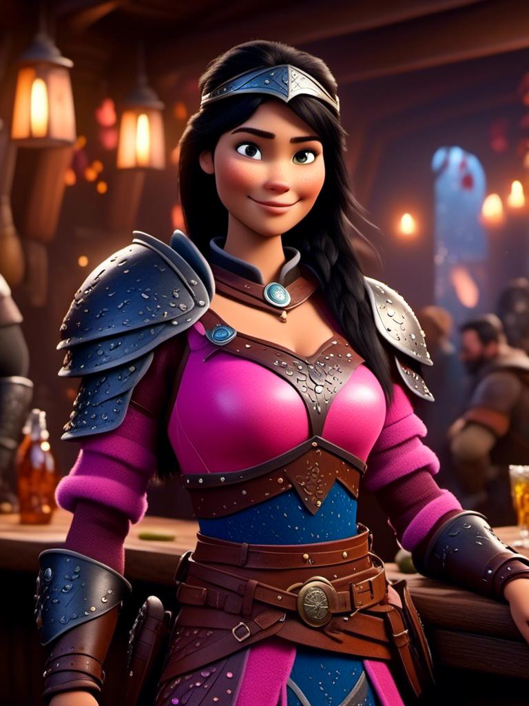 Prompt: <mymodel>CGI Animation, digital art, 20-year-old-old viking woman of royalty standing a busy tavern having a drink of milk, {{pink gear, blue armor}}, black hair, straight hair with a tiara, subtle smile, unreal engine 8k octane, 3d lighting, close up camera shot on the face, full armor