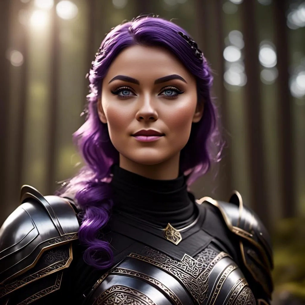 Prompt: <mymodel>25-year-old viking woman, subtle smile, light blue eyes, black gear, bright black armor, wearing an iron-man like suit of armor, black textures and highlights, standing in the forest, short focus, blurry background, unreal engine 8k octane, 3d lighting, full body, full armor