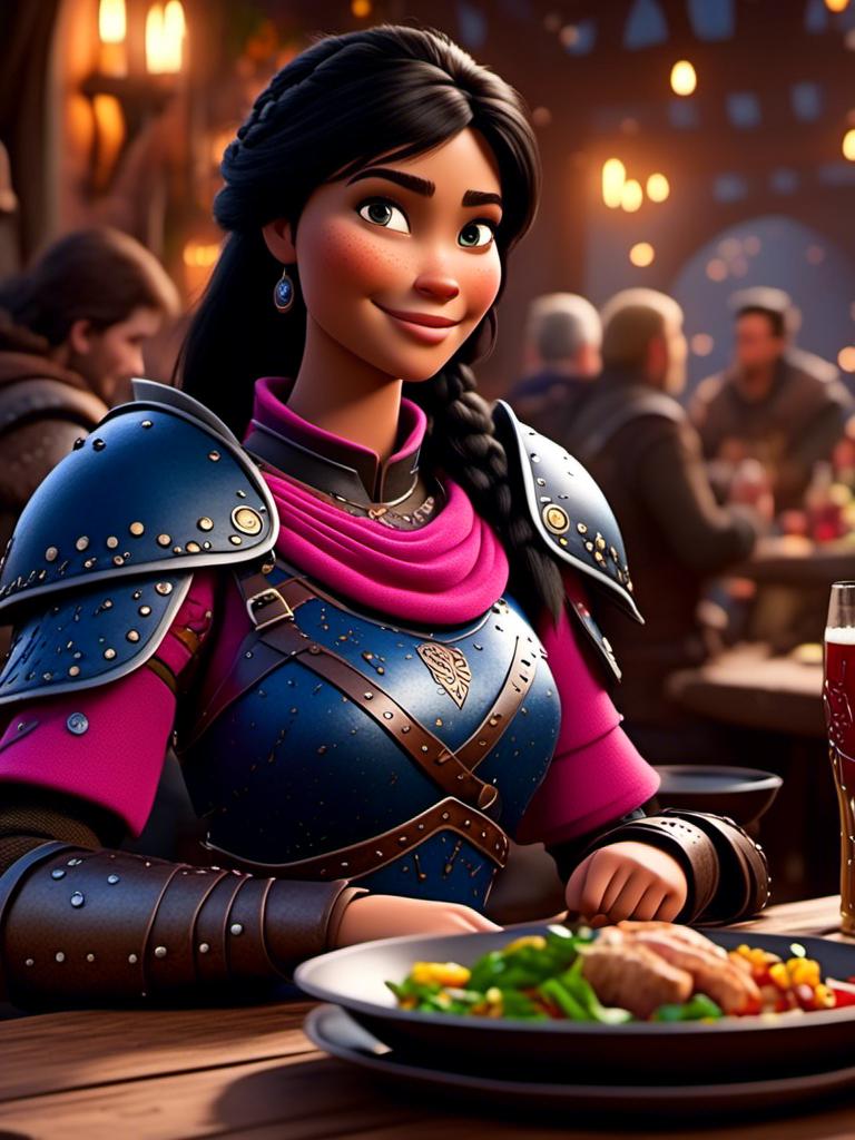 Prompt: <mymodel>CGI Animation, digital art, 20-year-old-old viking woman of royalty standing a busy tavern having a meal with a woman friend, {{pink gear, blue armor}}, black hair, straight hair with a tiara, subtle smile, unreal engine 8k octane, 3d lighting, close up camera shot on the face, full armor