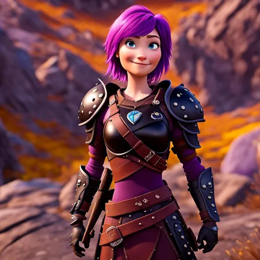 Prompt: <mymodel>CGi Animation, 20-year-old viking woman with one hair braid, caucasian, subtle smile, purple hair, light blue eyes, black gear, bright purple armor, black textures and highlights, unreal engine 8k octane, 3d lighting, full body, full armor