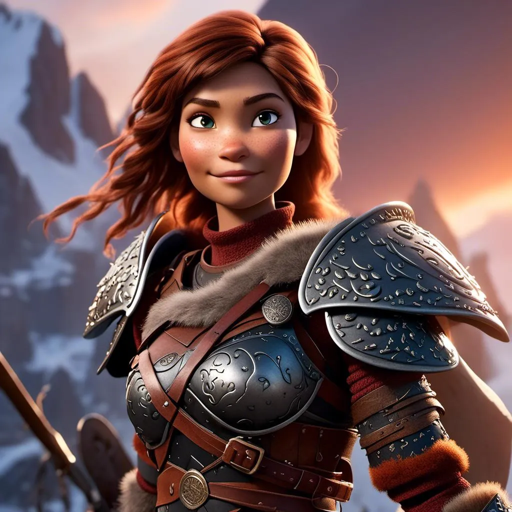 Prompt: <mymodel>Animated CGI style of a fierce Caucasian Viking, female about 25 years old, detailed facial features, leather armor with intricate Nordic designs, battle axe and shield, intense and determined expression, dynamic and powerful pose, high definition, CGI, detailed armor, fierce female, Nordic designs, battle-ready, dynamic pose, professional lighting