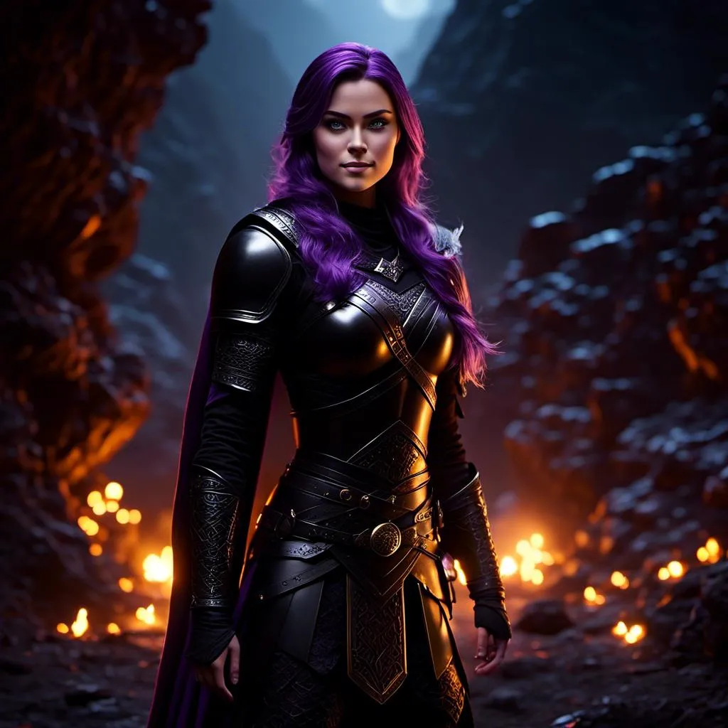 Prompt: <mymodel>25-year-old viking woman, subtle smile, light blue eyes, black gear, bright black armor, black textures and highlights, standing in the shadows of the a dark cave at night, short focus, blurry background, moonlit scene, unreal engine 8k octane, 3d lighting, full body, full armor