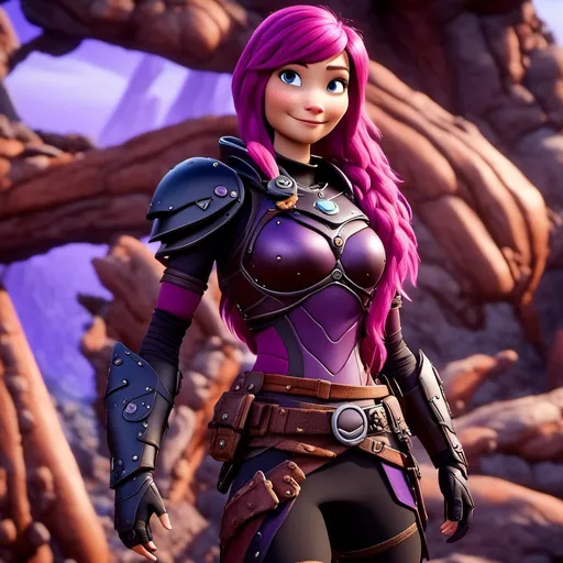 Prompt: <mymodel>CGi Animation, 20-year-old viking woman, long purple hair, one braid, caucasian, subtle smile, light blue eyes, black gear, bright purple armor, black textures and highlights, unreal engine 8k octane, 3d lighting, full body, full armor