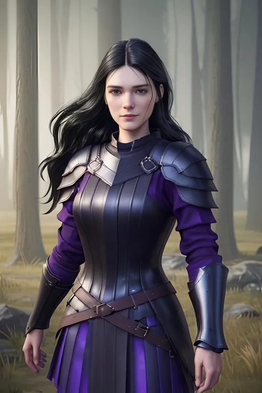 Prompt: Digital Art, 25-year-old viking woman, subtle smile, black straight hair, dark purple eyes, a dark purple long-sleeve shirt, textured skirt down to knees, dark purple pants, dark purple armor, long black hair with volume, middle part in hair, leather boots, dark purple gear, unreal engine 64k octane, hdr, 3d lighting, full body, full armor