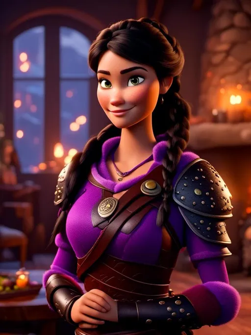 Prompt: <mymodel>CGI Animation, digital art, 20-year-old-old viking woman of royalty standing in her home in the living room next to the fireplace, light blue eyes, {{black gear, purple armor}}, black hair, single braid down her shoulder with a tiara, subtle smile, unreal engine 8k octane, 3d lighting, close up camera shot on the face, full armor