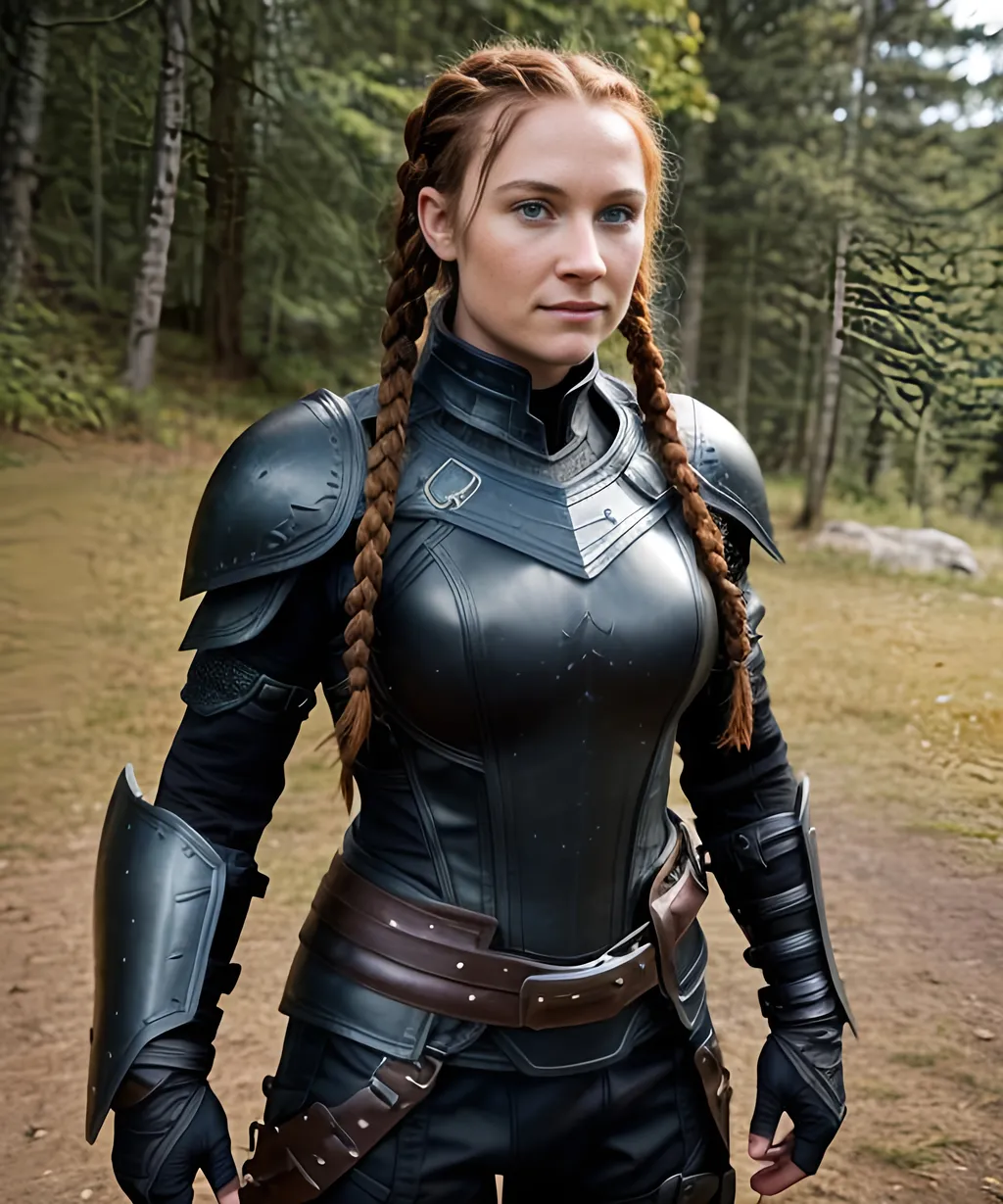 Prompt: Digital art, ((black)) rogue gear, ((black)) adventurer armor, Medium build, slightly broad-shouldered, (((DreamShaper Version 1))), Berk of How to Train Your Dragon, 35-year old viking woman, small smile, red hair, cornrow braids, blue eyes, ((black gear, black armor,)) unreal engine, 8k octane, 3d lighting, full body, full armor