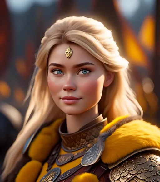 Prompt: <mymodel>CGI Animation, digital art, 20-year-old-old viking woman with light blue eyes, yellow clothes, gold colored armor, blonde straight hair, a mask on her eyes, subtle smile, unreal engine 8k octane, 3d lighting, close up camera shot on the face, full armor