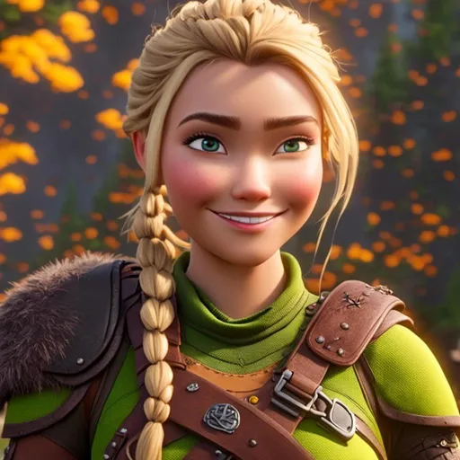 Prompt: <mymodel>CGi Animation, 20-year-old viking woman with one hair braid, subtle smile, blonde hair, blue eyes, green gear, green armor, yellow clothes, yellow textures and highlights, unreal engine 8k octane, 3d lighting, full body, full armor