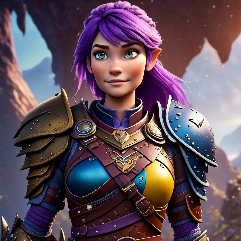 Prompt: <mymodel>CGI Animation of a viking female, purple hair, blue and yellow gear and armor, intricate details, high quality, digital painting, cool tones, dramatic lighting