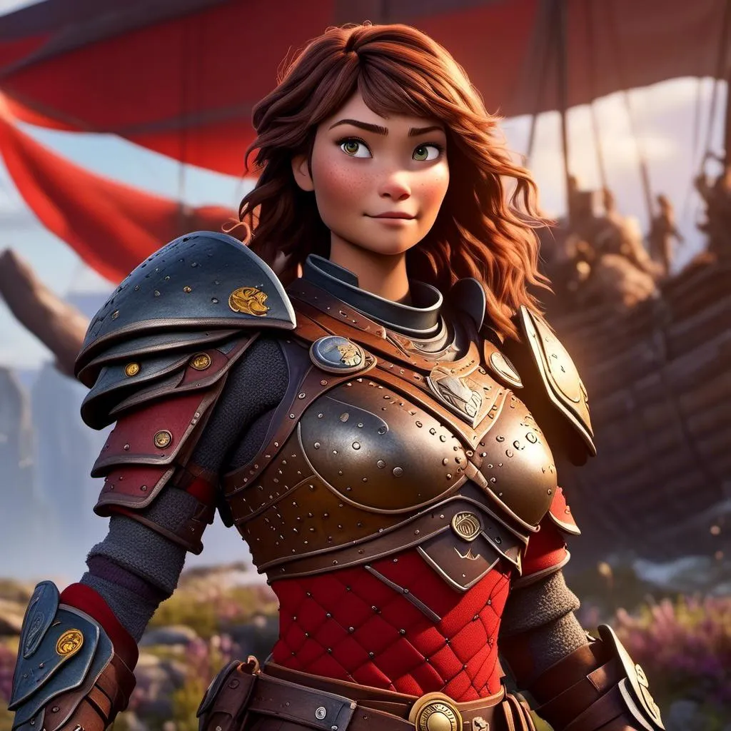 Prompt: <mymodel>CGI Animation of a viking female, brown hair, hazel eyes, bright red gear and armor, yellow highlights and textures, intricate details, high quality, digital painting, cool tones, dramatic lighting