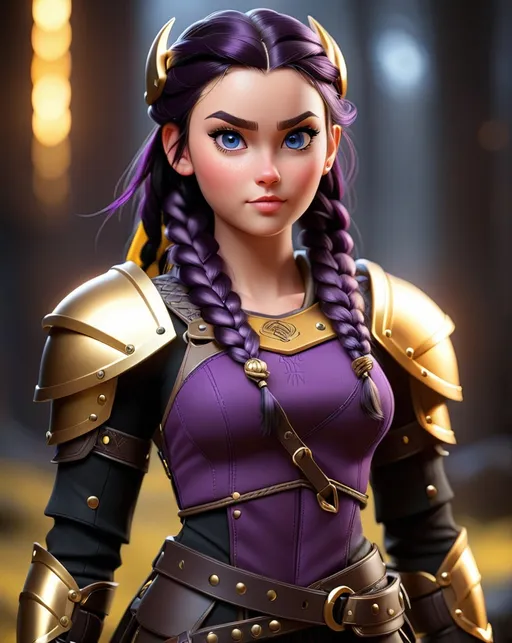 Prompt: Digital art, 20-year-old woman viking, dark purple hair, one braid, light blue eyes, black gear, gold armor, unreal engine 8k octane, 3d lighting, full body, full armor