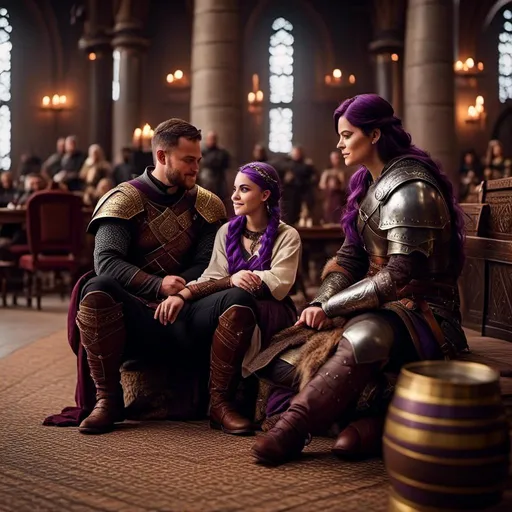 Prompt: Photo of a young <mymodel> sitting at the in the viking Great Hall from How to Train Your Dragon discussing politics with her husband a young Jarl Mollerson, ((he has short brown hair and no beard))