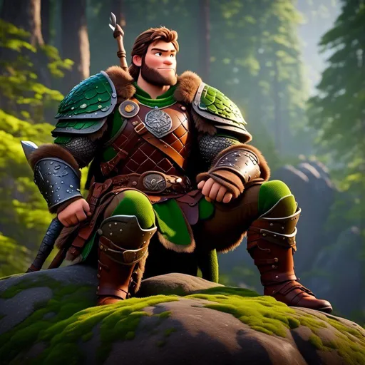 Prompt: <mymodel>Male viking warrior, thin and light muscle build, sitting on a boulder in the forest, there is a large green dragon with a flat body build standing next to the viking, viking has short brown hair, green eyes, green armor, brown gear, brown pants, brown boots, historical, strong and natural lighting, 8K octane, unreal engine