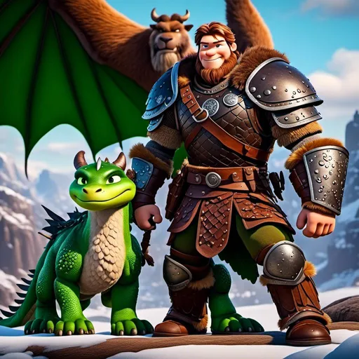 Prompt: <mymodel>Male viking warrior, thin and light muscle build, there is a large green dragon next to him, the male viking is petting his green dragon, short brown hair, green eyes, green armor, brown gear, brown pants, brown boots, historical, strong and natural lighting