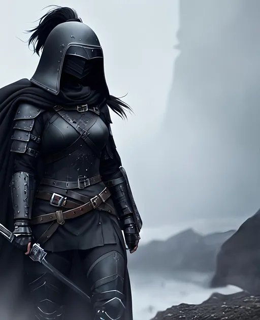 Prompt: Digital Art, a sinister viking woman, black armor, black gear, a black helmet fully covering her face, no face, no eyes, with a black ponytail coming from the helmet, a long black cloak, black bracers, black pants, black boots, unreal engine 8k octane, 3d lightning