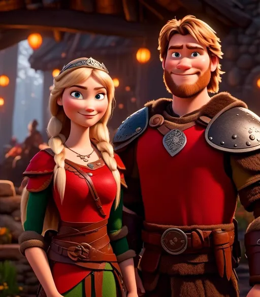 Prompt: <mymodel>CGI Animation, digital art, 20-year-old-old viking woman with light blue eyes and blonde hair standing with her older brother and younger sister, older brother has brown hair and green eyes, her younger sister has brunette hair and brown eyes, the viking woman has red clothes, blue colored armor, blonde straight hair, subtle smile, unreal engine 8k octane, 3d lighting, full armor