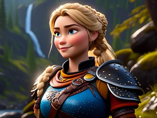 Prompt: <mymodel>CGi Animation, 20-year-old viking woman with blue eyes, ((she is wearing a tiara)), a rainy scene, she is sitting on a boulder in a forest, the viking woman has a subtle smile with it pouring down rain, blonde hair in a ponytail style, she has blue gear, gold armor, black pants, black boots