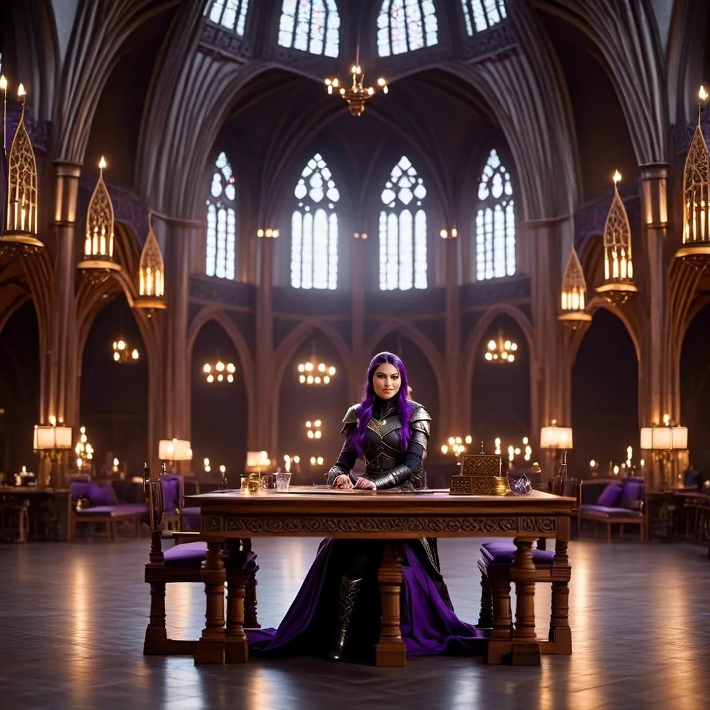 Prompt: Photo of <mymodel> sitting at a table in The Great Hall
