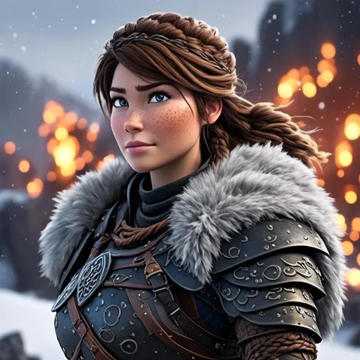 Prompt: <mymodel>animated CGI style, viking female warrior, detailed braided hair and battle scars, rugged and weathered armor, intense and determined gaze, snowy and rugged landscape, fierce, warrior, detailed hair, battle scars, snowy landscape, intense gaze, weathered armor, dramatic lighting