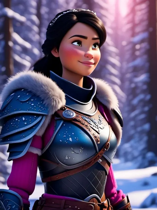 Prompt: <mymodel>CGI Animation, digital art, 20-year-old-old viking woman of royalty standing in the forest, a snowy scene, {{pink gear, blue armor}}, black hair, straight hair with a tiara, subtle smile, unreal engine 8k octane, 3d lighting, close up camera shot on the face, full armor