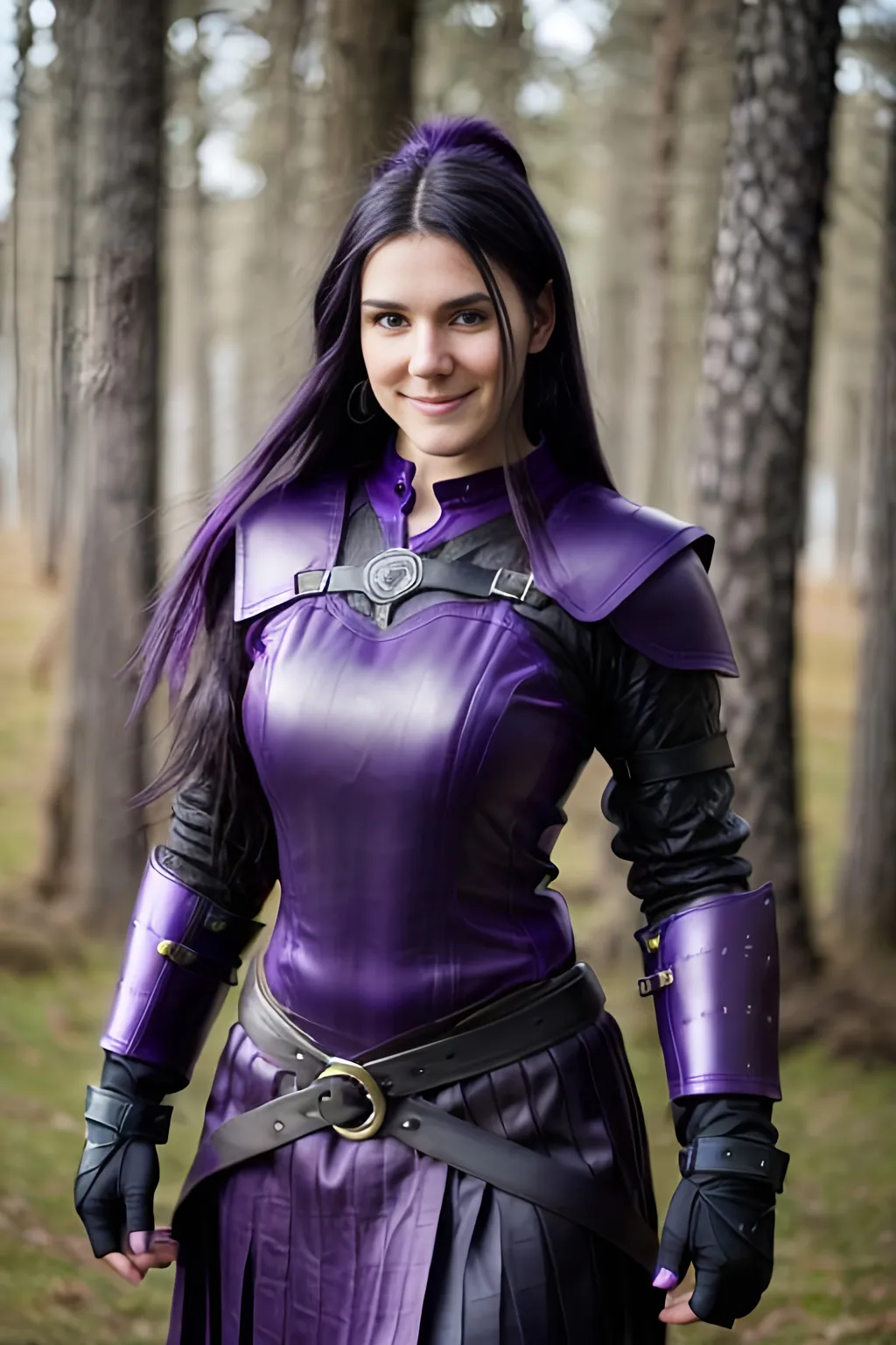 Prompt: Digital Art, 25-year-old viking woman, purple gear, purple clothes, subtle smile, black straight hair, dark purple eyes, a dark purple long-sleeve shirt, textured skirt down to knees, dark purple pants, dark purple armor, long black hair with volume, middle part in hair, leather boots, dark purple gear, unreal engine 64k octane, hdr, 3d lighting, full body, full armor