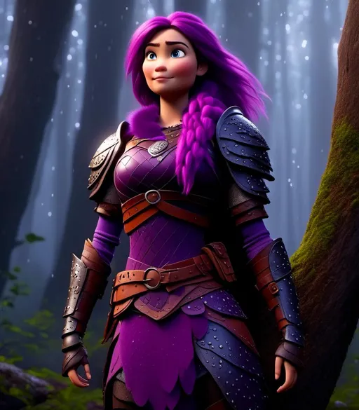 Prompt: <mymodel>CGI Animation, digital art, 20-year-old-old viking woman with light blue eyes, it is raining, she is of royalty standing at night next to a tree with her hands resting on the bark, she is in a dimly lit thick forest with trees everywhere, dense fog, {{black gear, purple armor}}, purple hair, single braid down her shoulder with a tiara, subtle smile, unreal engine 8k octane, 3d lighting, close up camera shot on the face, full armor