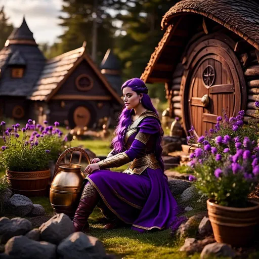 Prompt: Photo of <mymodel> tending to her garden beside her viking house