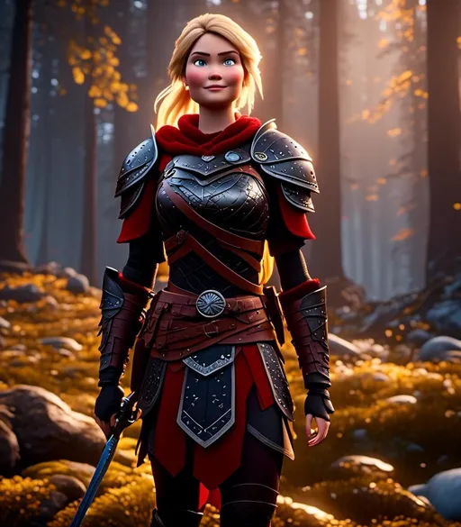 Prompt: <mymodel>CGI Animation, digital art, 20-year-old-old viking woman with light blue eyes standing in a dimly lit forest, blue assassin's creed clothes, red colored armor, blonde straight hair, subtle smile, unreal engine 8k octane, 3d lighting, cinematic lighting, camera shot of full armor from head to toe