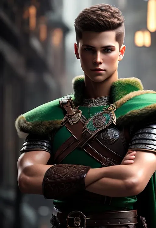 Prompt: he has short brown hair, create most handsome fictional male prince viking warrior, short brown hair, light green eyes, extremely detailed environment, detailed background, intricate, detailed skin, professionally color graded, photorealism, 8k, moody lighting