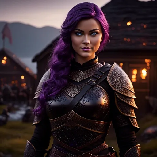 Prompt: <mymodel>25-year-old viking woman, a subtle smile, light blue eyes, black gear, bright black armor, black textures and highlights, standing in a dimly lit viking house, with glowing algae, short focus, blurry background, unreal engine 8k octane, 3d lighting, full body, full armor