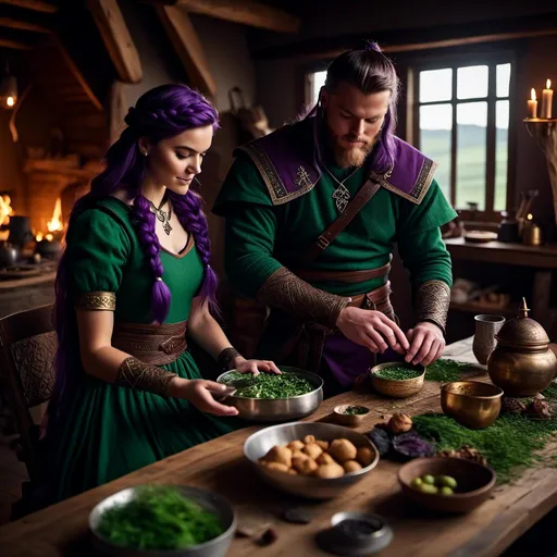 Prompt: Photo of a young <mymodel> setting the supper table with her husband a young Jarl Mollerson with green clothes in their viking house