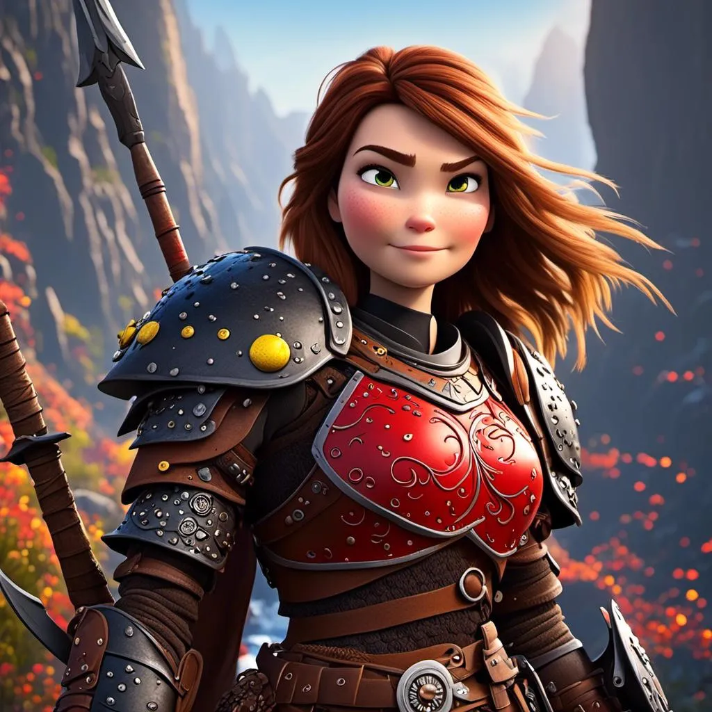 Prompt: <mymodel>CGI Animation of a viking female, brown hair, hazel eyes, bright red gear and armor, yellow highlights and textures, intricate details, high quality, digital painting, cool tones, dramatic lighting