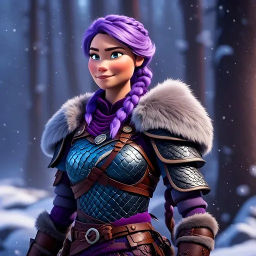 Prompt: <mymodel>a female viking warrior with purple hair standing in a snowy forest, black slender Razorwhip dragon, light blue eyes, single braid down shoulder, purple armor, subtle smile, full body, cool tones, dramatic lighting, simple details