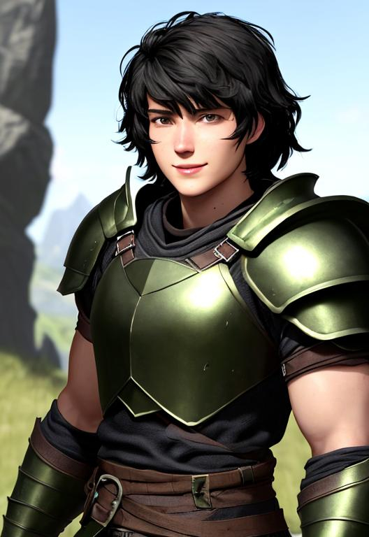 Prompt: Full character, kind of dorky, shy, Digital art, 22-year-old viking man, black hair. green armor. blue gear. medium-length black hair, subtle smile, short black stubble beard, hazel eyes, adventurer, blue sky background, unreal engine 8k octane, 3d lighting