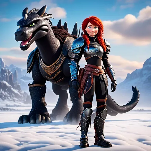 Prompt: <mymodel>CGI animation, 40-year-old woman, red hair, dreadlocks, braids, light blue eyes, black gear, black armor, standing on a snowy plain with her white dragon