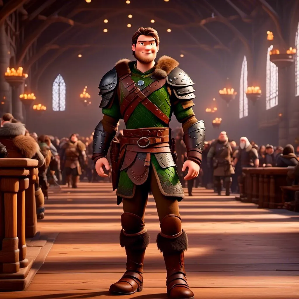 Prompt: <mymodel> viking man, lawyer, thin, small stature, standing in The Great Hall, medium length brown hair, evil look, evil smile, brown eyes, no armor, European-like brown gear, brown leather vest, long sleeve green shirt underneath the brown leather vest, black highlights on his clothes, brown pants, brown boots, historical, strong and natural lighting