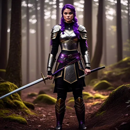 Prompt: Photo of <mymodel> with an angry look with her sword, she is standing in the forest