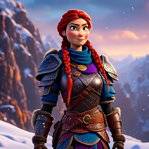 Prompt: <mymodel>CGi Animation, 25-year-old viking woman warrior with blue eyes, a snowy scene, the viking woman has a subtle smile, purple dreadlocks and braids in her hair, she has red gear, gold armor with bursts of blue textured splotches, black pants, black boots