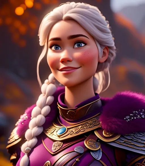 Prompt: <mymodel>CGI Animation, digital art, 20-year-old-old viking woman with light blue eyes, purple clothes, gold colored armor, white hair, single braid down her shoulder with a tiara, subtle smile, unreal engine 8k octane, 3d lighting, close up camera shot on the face, full armor