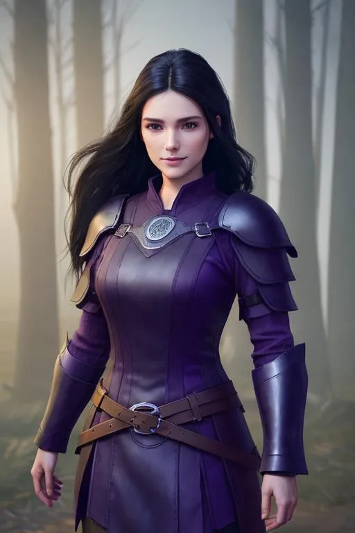 Prompt: Digital Art, 25-year-old viking woman, purple gear, purple clothes, subtle smile, black straight hair, dark purple eyes, a dark purple long-sleeve shirt, textured skirt down to knees, dark purple pants, dark purple armor, long black hair with volume, middle part in hair, leather boots, dark purple gear, unreal engine 64k octane, hdr, 3d lighting, full body, full armor