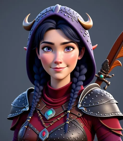 Prompt: <mymodel>CGI Animation, digital art, 20-year-old-old viking woman with violet eyes, Dark red Long sleeve shirt, skirt with dragon teeth on it, wears the snow wraith hood, ((dark dark blue hair with teal, pink and purple streaks)), subtle smile, unreal engine 8k octane, 3d lighting, close up camera shot on the face, full armor