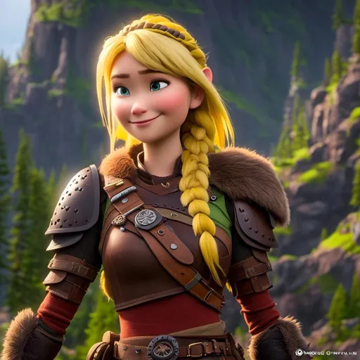 Prompt: <mymodel>CGi Animation, 20-year-old viking woman with one hair braid, subtle smile, blonde hair, light blue eyes, green gear, green armor, yellow clothes, yellow textures and highlights, unreal engine 8k octane, 3d lighting, full body, full armor