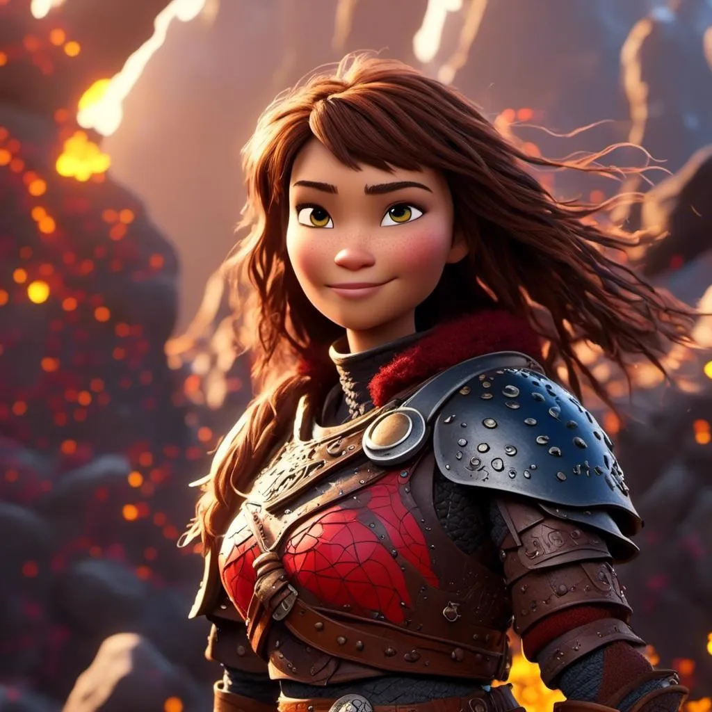 Prompt: <mymodel>CGI Animation of a viking female, brown hair, hazel eyes, bright red gear and armor, yellow highlights and textures, intricate details, high quality, digital painting, cool tones, dramatic lighting