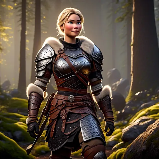Prompt: digital CGI art of <mymodel>, 27-year-old modest Young woman viking, white gear, she has two iron frying pans to use as weapons while she stands in the forest, blonde hair, Quite well-built and lean muscled, green gold eyes, assassin's creed Valhalla armor, very short curly blonde hair