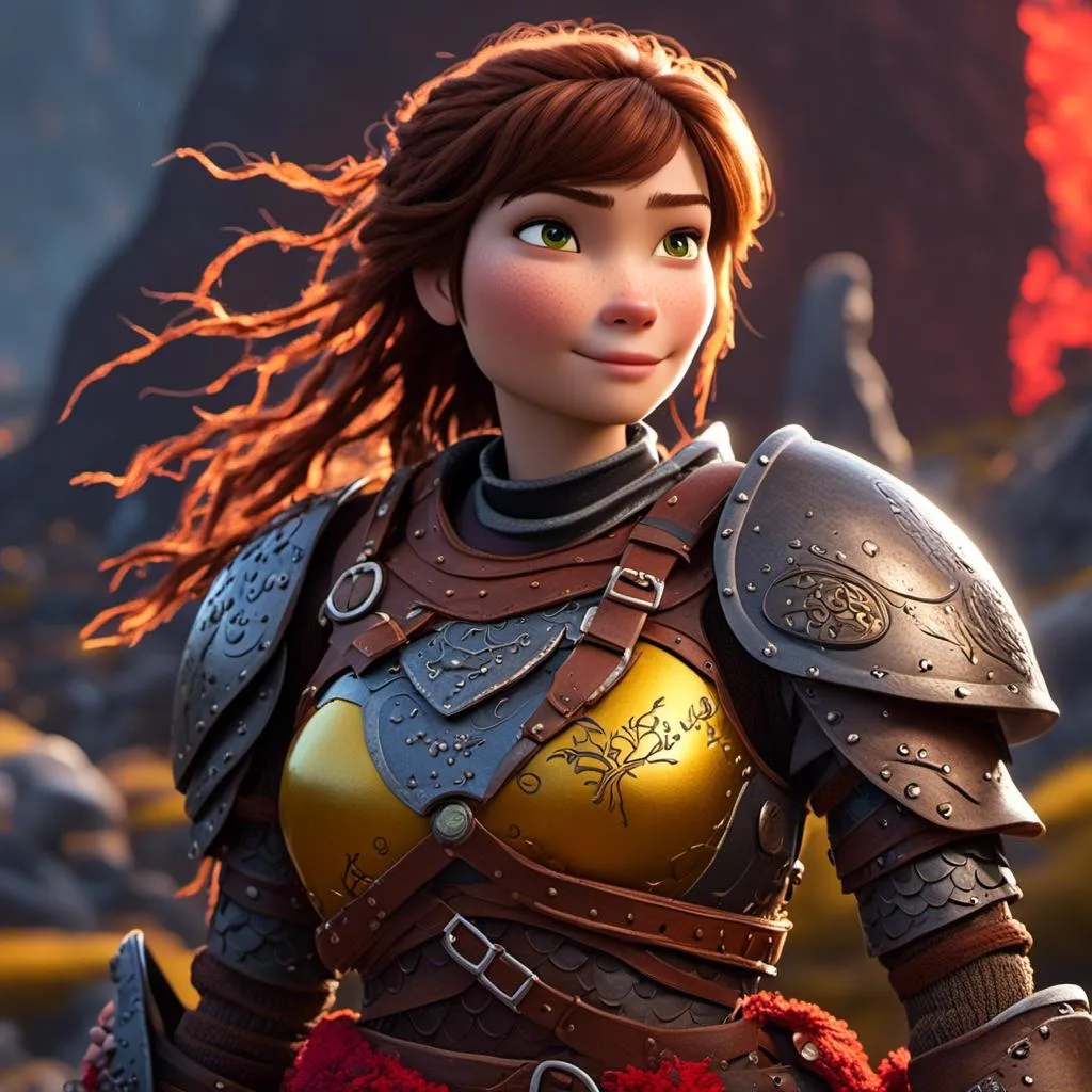 Prompt: <mymodel>CGI Animation of a viking female, brown hair in her face, hazel eyes, bright red gear and light armor, yellow highlights and textures, full light body armor, she has heavy gauntlets on her hands with armored gloves, standing in a viking village, intricate details, high quality, digital painting, cool tones, dramatic lighting