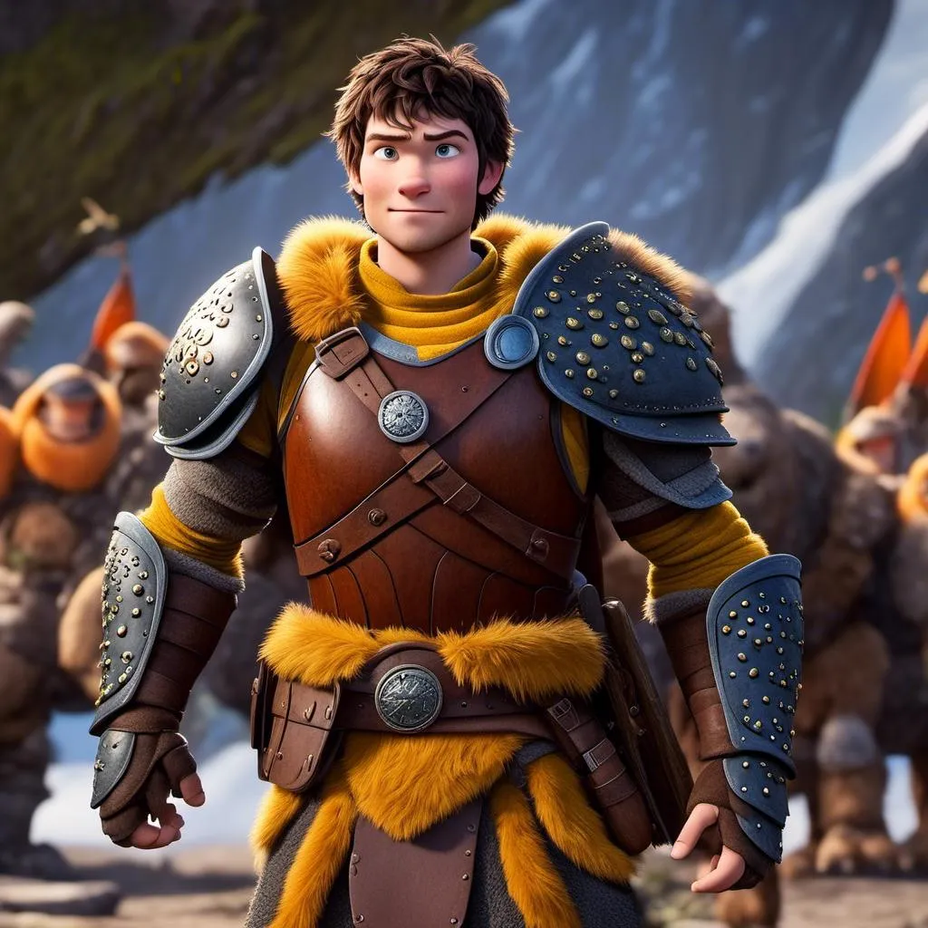 Prompt: <mymodel>Animated CGI style of a fierce 24 year old Caucasian Viking with dark hair, intense gaze, realistic yellow armor with bursts of orange textures, high quality, CGI, realistic, intense gaze, viking, male, Caucasian, detailed facial features, fur textures, highres, professional, intense lighting