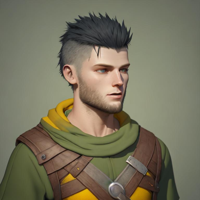 Prompt: Digital art, 22-year-old viking man, viking gear, black hair, short black stubble beard, hazel eyes, yellow viking gear, adventurer, unreal engine 8k octane, 3d lighting