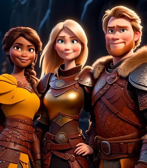 Prompt: <mymodel>CGI Animation, digital art, 20-year-old-old viking woman with light blue eyes standing with her brother and sister, yellow clothes, gold colored armor, blonde straight hair, subtle smile, unreal engine 8k octane, 3d lighting, close up camera shot on the face, full armor