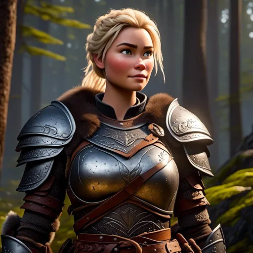 Prompt: digital CGI art of <mymodel>, 27-year-old modest Young woman viking, white gear, she has two iron frying pans to use as weapons while she stands in the forest, blonde hair, Quite well-built and lean muscled, green gold eyes, assassin's creed Valhalla armor, very short curly blonde hair