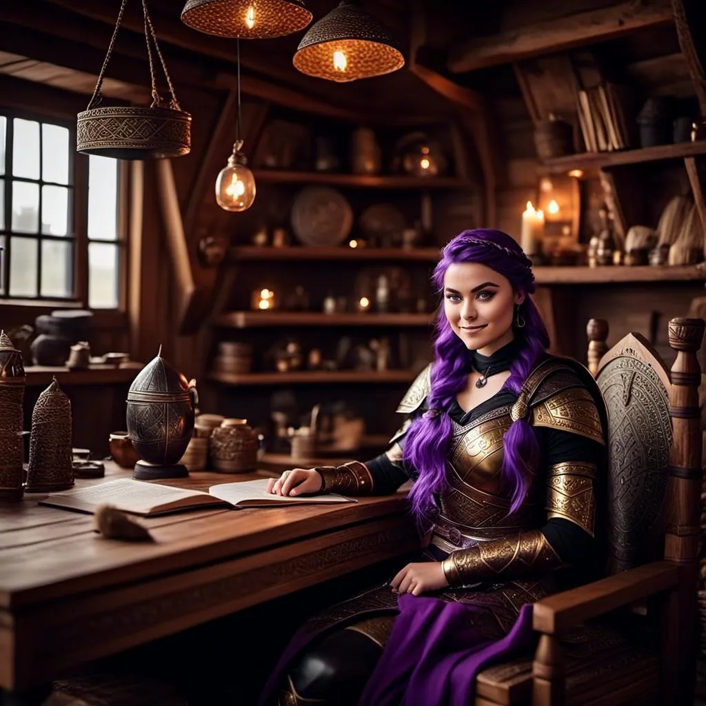 Prompt: Photo of <mymodel> casually relaxing sitting at a desk in her viking house